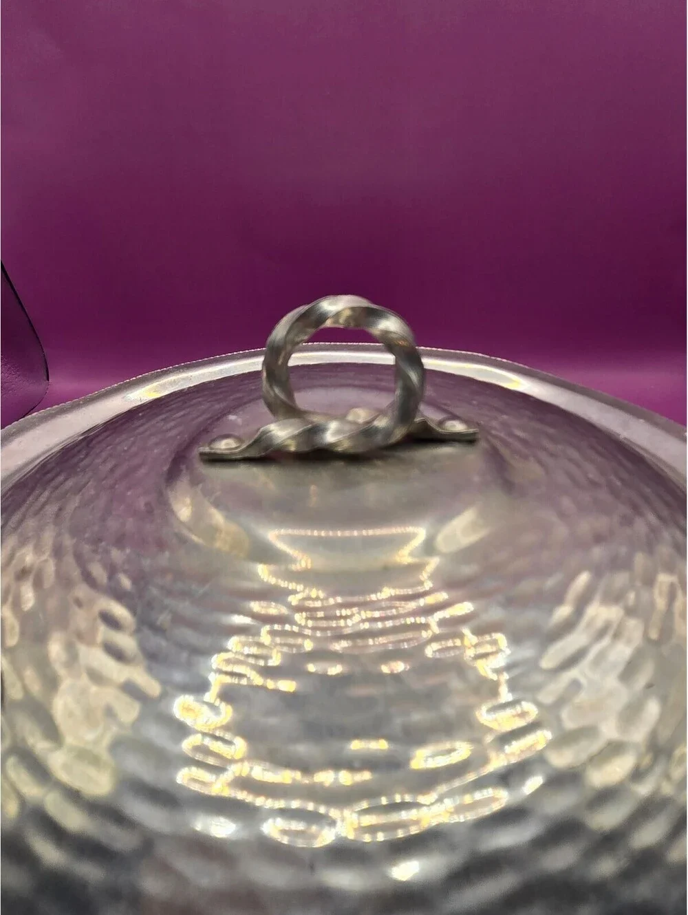 Vintage Mid-Century Masco Italy Hammered Aluminum Bowl with Lid,Twisted Handles